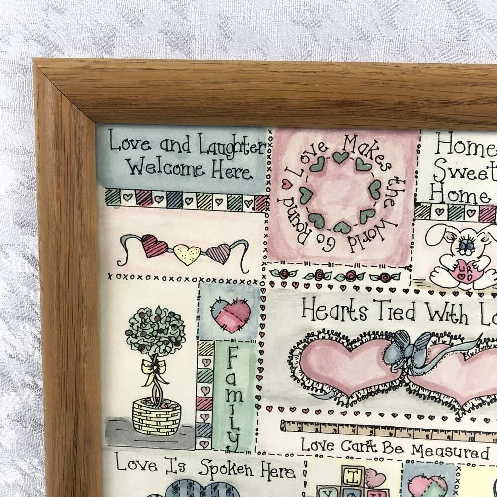 Vintage 1992 Mixed Media Love Framed Art Hand-Colored Signed 12½”x10” Wall Decor